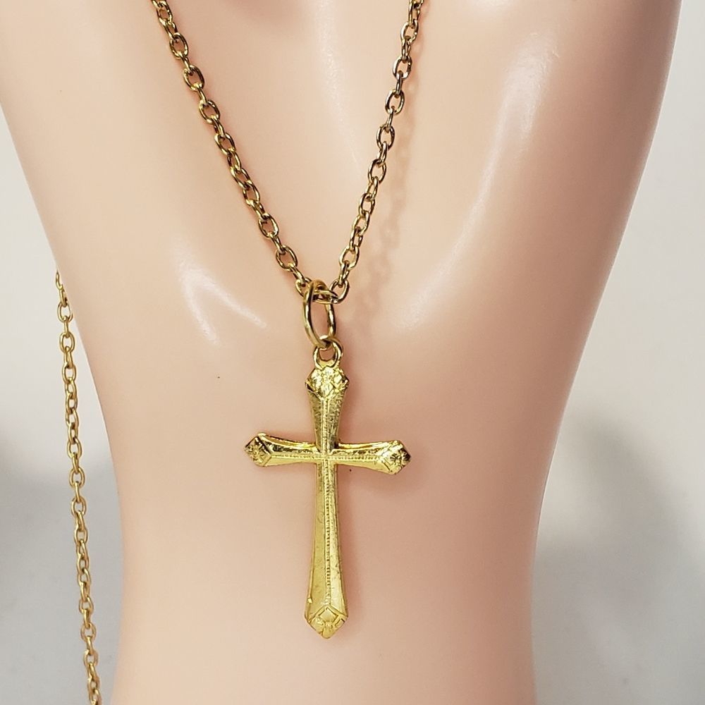 Cross Pendant and Prayer Hands Earrings, Gold tone